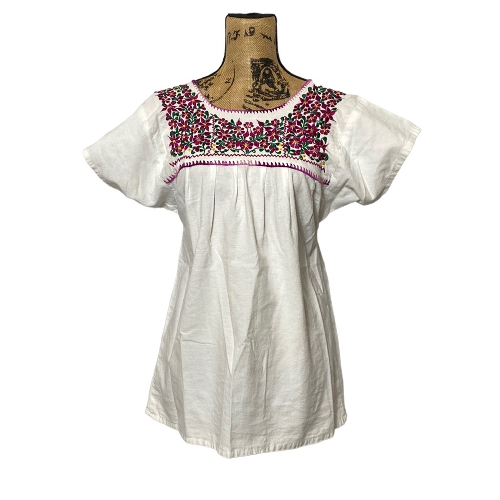 Vintage White Floral Embroidery Boho Top M